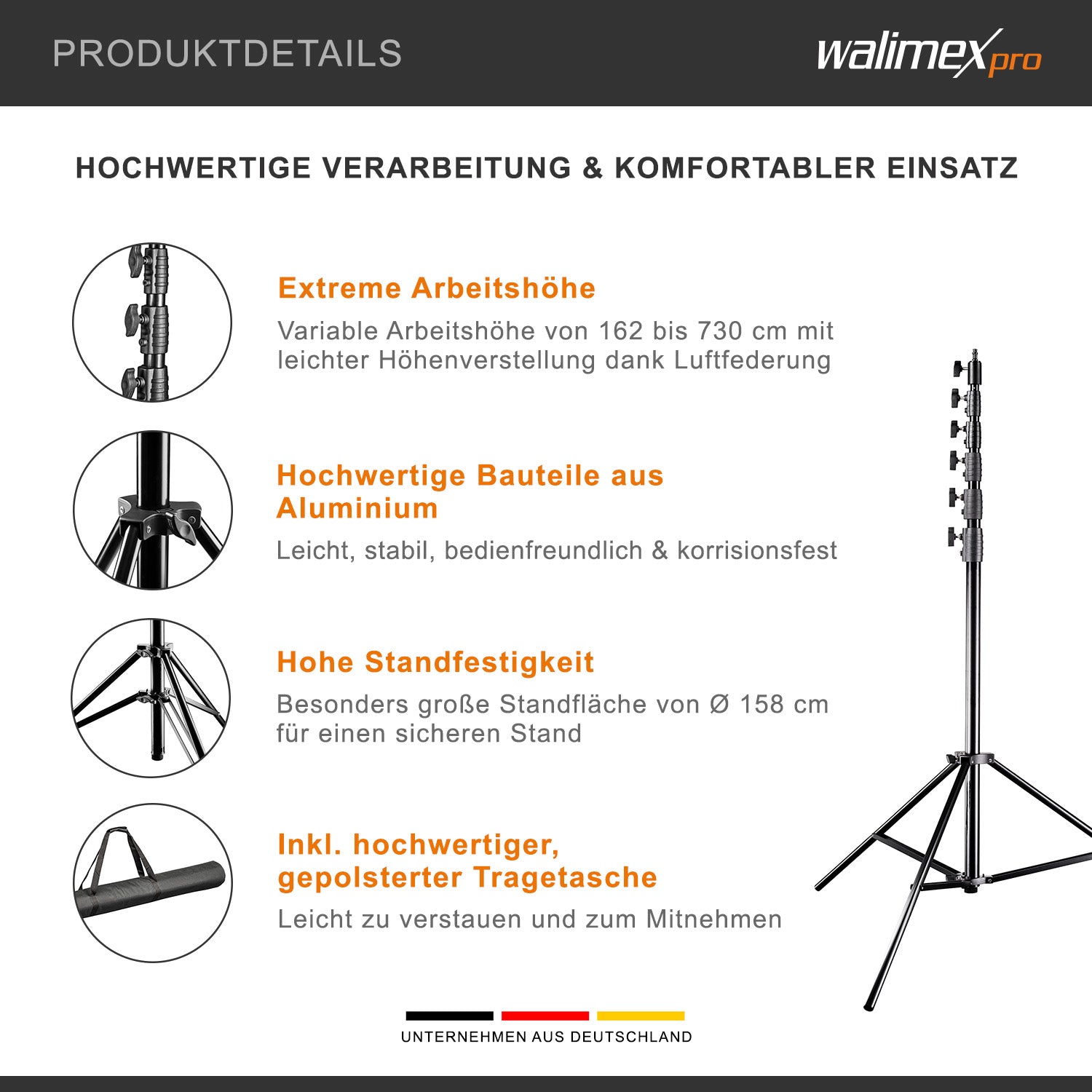 AIR Jumbo 730 Stativo per luci max 22,5 kg Cavalletto fotografico con altezza fino a 730 cm, in alluminio, Treppiedi con attacco per apparecchiature foto e video
