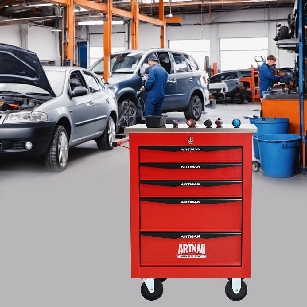 Carrello Portautensili 5 Cassetti con Ruote ¨C MINIMAL ¨C Acciaio Inox, Rosso e Nero