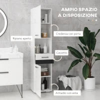 kleankin Colonna Bagno in MDF con Ripiano Aperto, Cassetto e Armadietto Chiuso, 37x32.5x170 cm, Bianco
