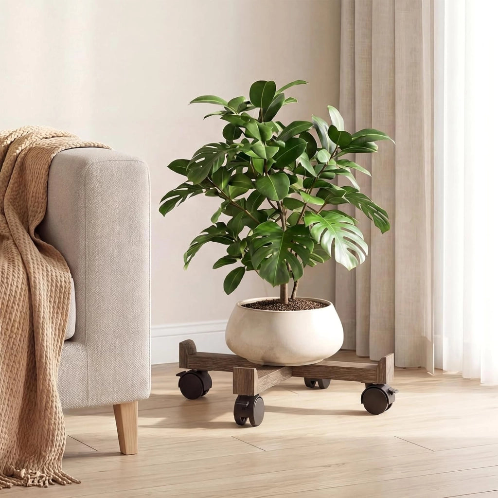 Set di 4 Sgabelli Impilabili 4 in 1, Sgabelli in Legno con Portavaso con Rotelle, 2 Grandi Ø36 cm e 2 Piccoli Ø35 cm, Tavolino Laterale Rotondo per Soggiorno e Camera da Letto (Marrone)