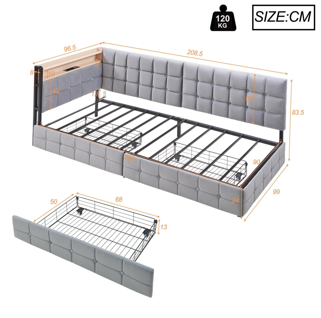 Divano letto singolo 90x200 cm con 2 cassetti; LED; USB e USB-C in velluto grigio
