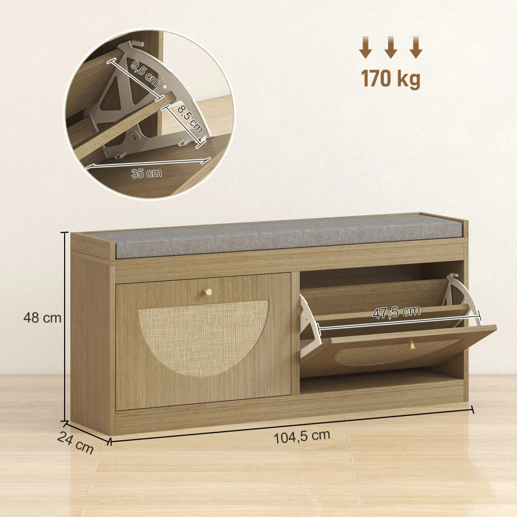 Scarpiera con seduta imbottita e ante in rattan ¨C zephmum ¨C naturale 60x40x80 cm