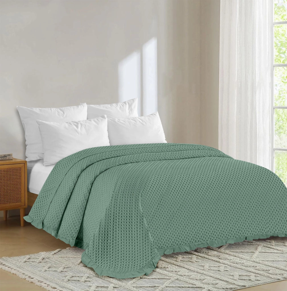 Copriletto Trapuntato Volant Matrimoniale Trapuntino Tinta Unita Due Piazze Con Balze Coperta Leggera Primavera Estate Trapunta Leggera Salvia