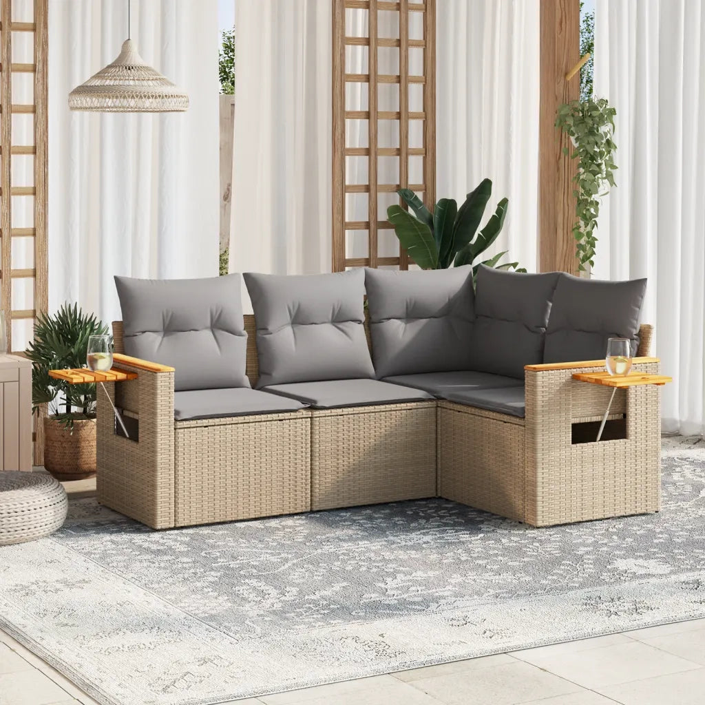 Set Divano da Giardino 4 pz | Set Salotto da Giardino con Cuscini Beige in Polyrattan