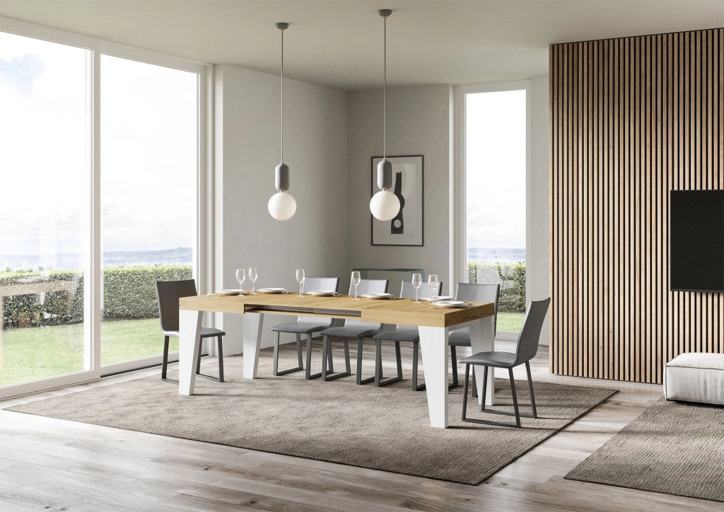Tavolo Allungabile 130/390x90x77 cm Naxy Mix piano Quercia Natura gambe Bianco Frassino
