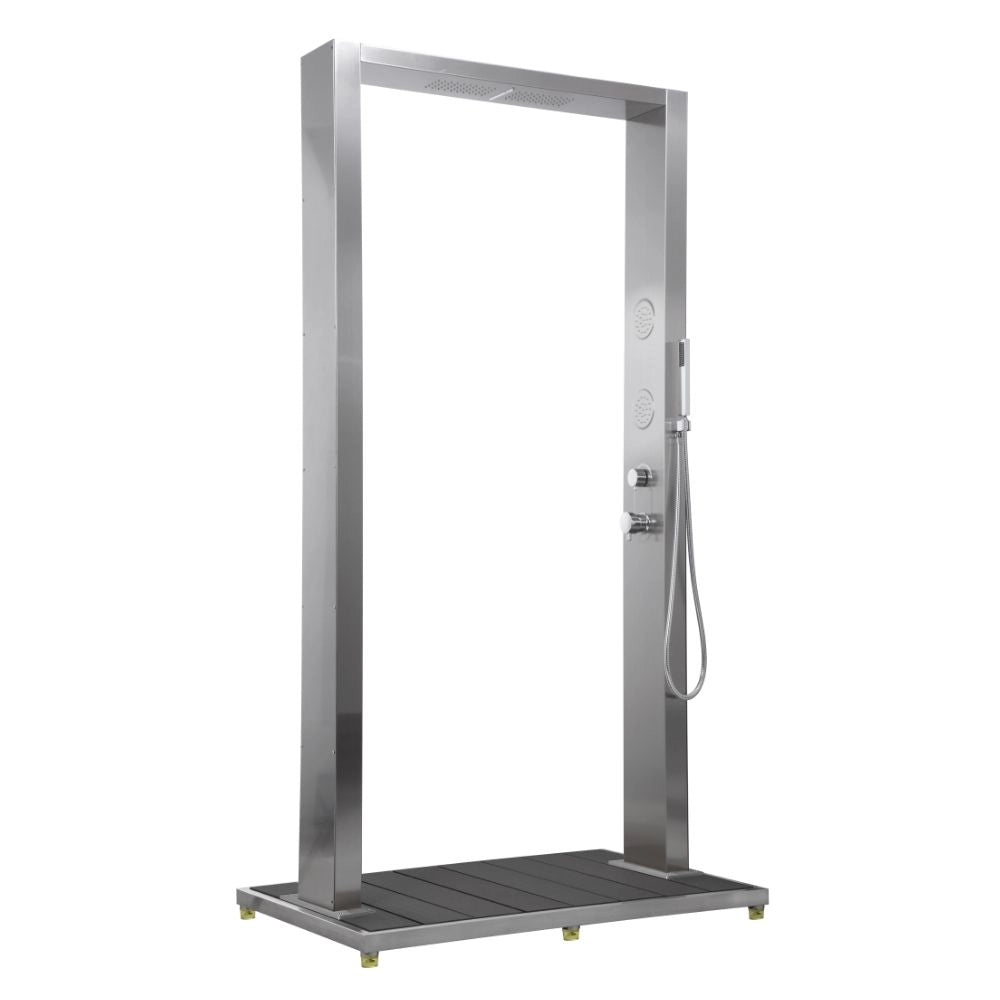 Colonna doccia da esterno doppia bamboo acciaio inox getti idro pedana wpc