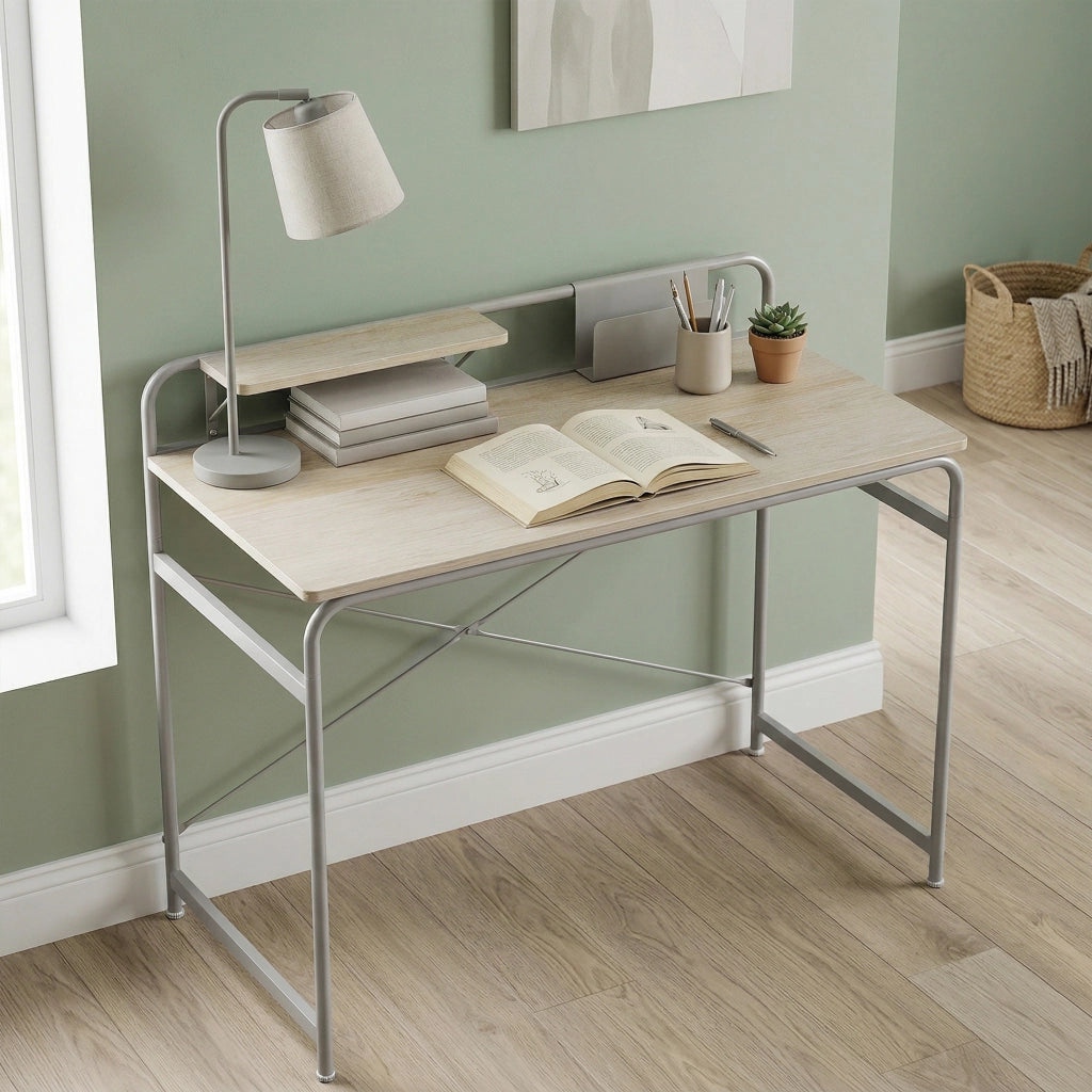 Scrivania Moderna con Scaffale e Struttura Metallo ¨C zephmum ¨C 98x48x88,5 cm Roble