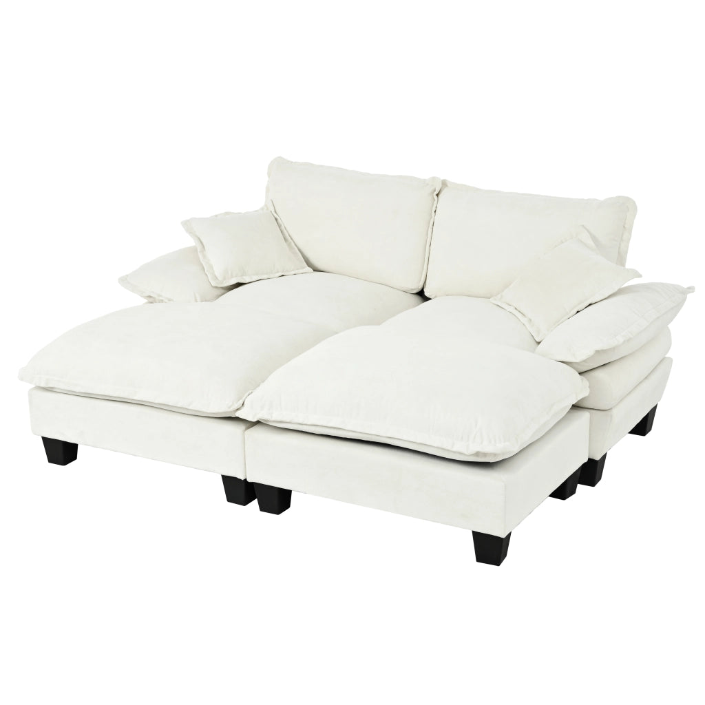Divano modulare con 2 pouf mobili e 2 cuscini; braccioli rimovibili in ciniglia beige 194×151×90 cm