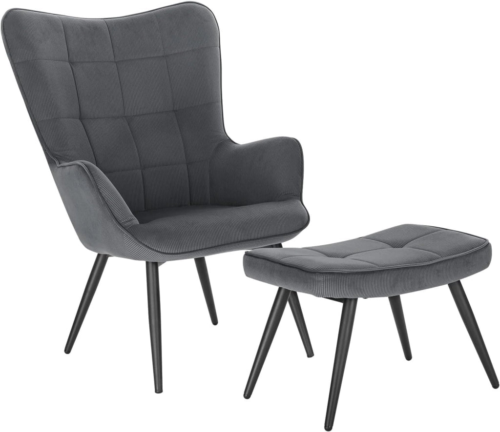 Poltrona Imbottita con Pouf Poggiapiedi Sedia Poltroncina Relax con Braccioli e Schienale Alto per Camera da Letto Salotto in Velluto, Grigio Scuro SKS28dgr