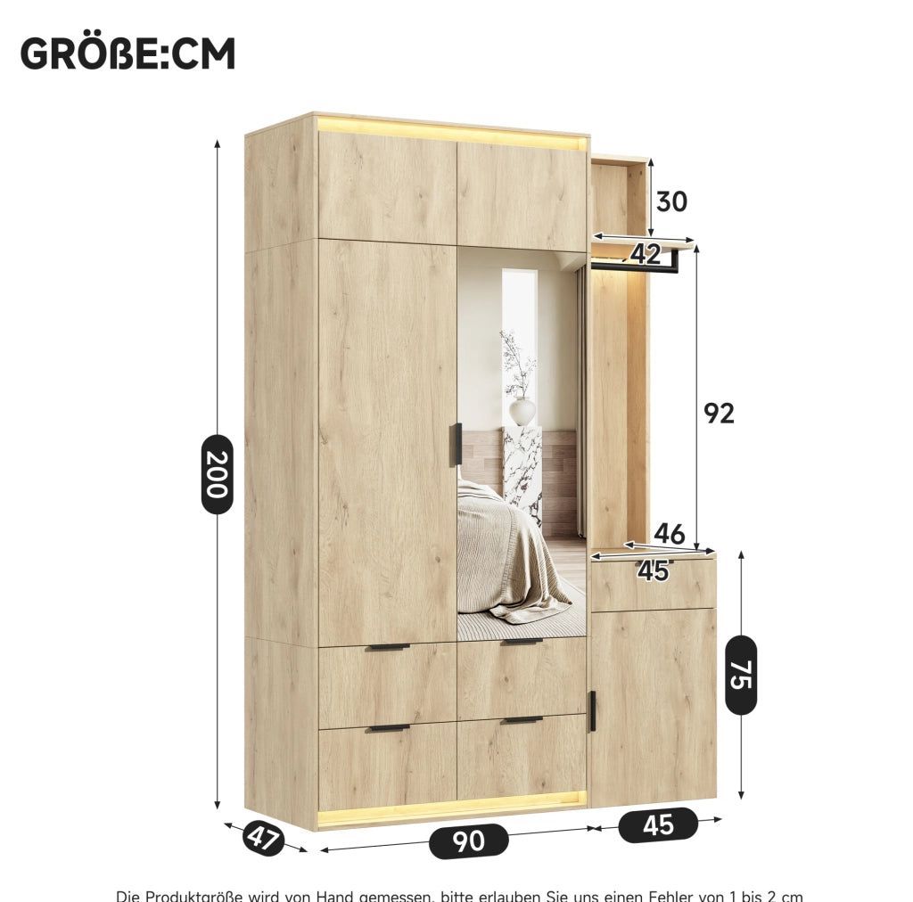 Set guardaroba con specchio; 5 cassetti e 3 strisce LED; 135 × 47 × 200 cm