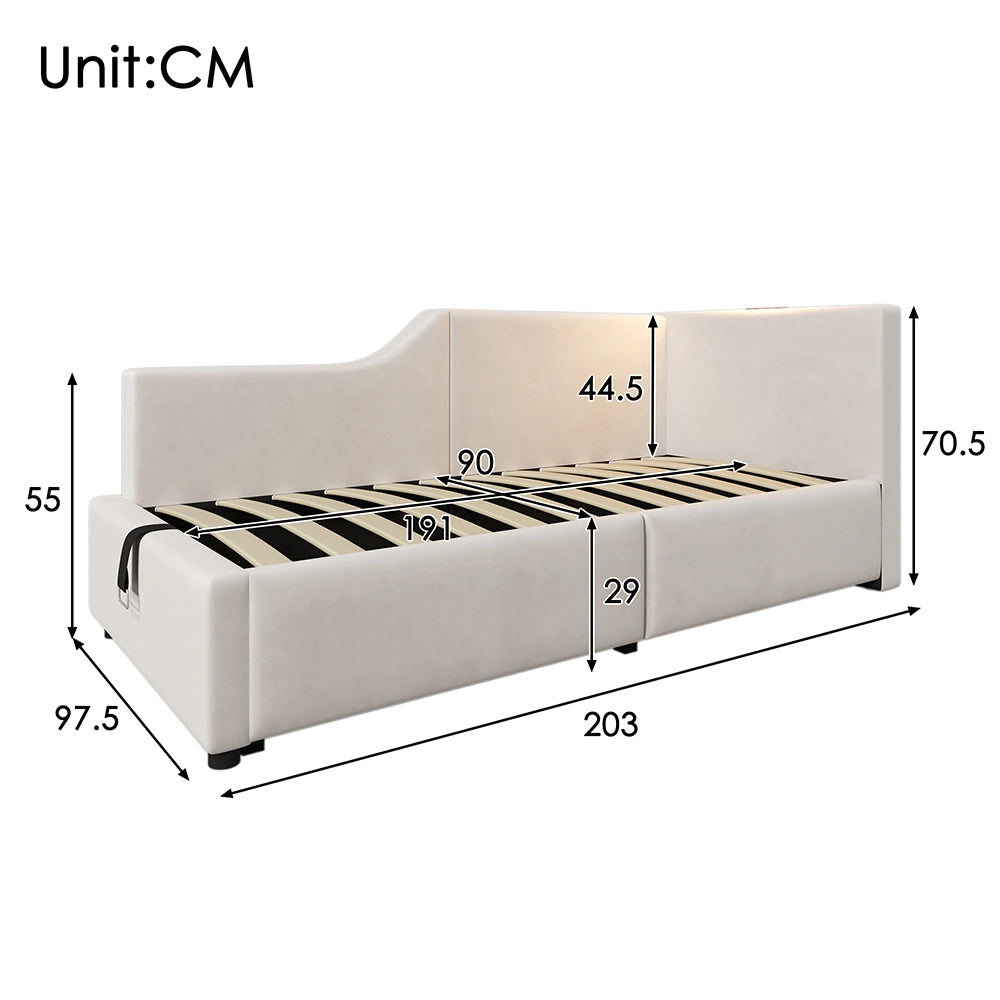 Letto a cassone per bambini - Xylo - 90x190 cm - Beige - Luci notturne e ricarica USB-C