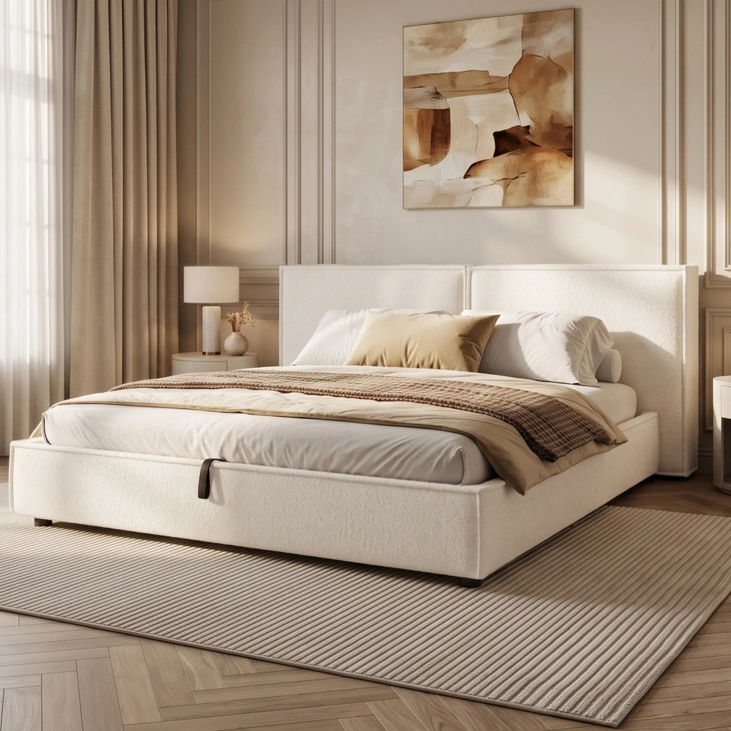 Letto matrimoniale 180x200 cm in Bouclé bianco con contenitore idraulico, rete a doghe e testiera imbottita
