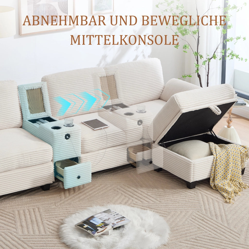 Divano modulare 4 posti - con console scorrevole e pouf contenitore - in velluto a coste beige