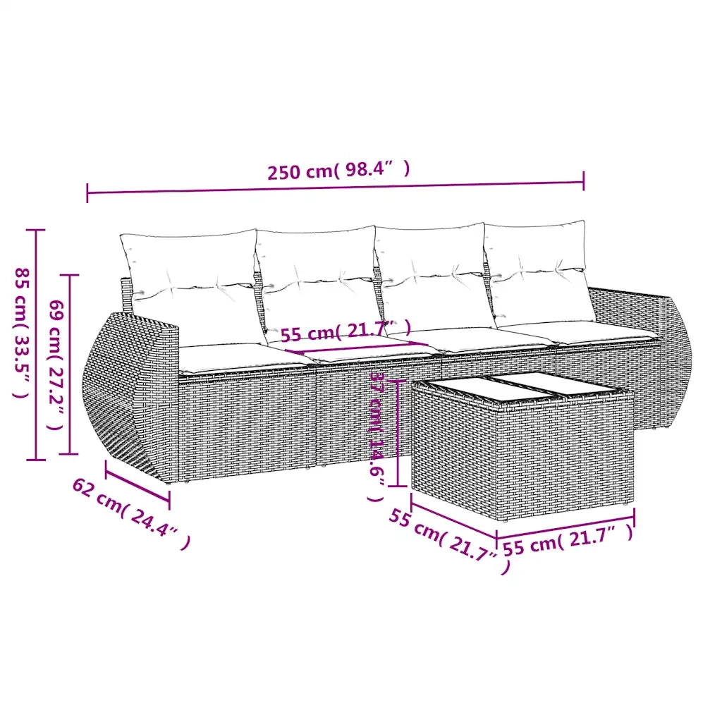 Set Divano da Giardino 5 pz con Cuscini Marrone in Polyrattan