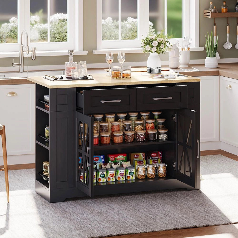 Isola da cucina portatile - Xylo - 120 cm - Ripiano aperto, prese, vetro, laminato regolabile, ruote con freni
