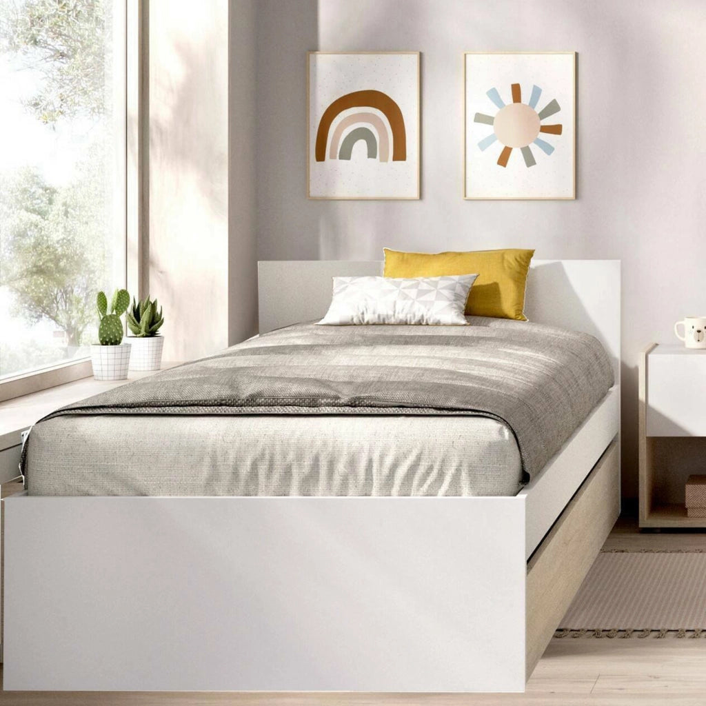 Letto singolo Pakhar, Sommier per camera da letto, Giroletto per stanza, Struttura porta materasso, 96x195 h67 cm, Bianco e Rovere
