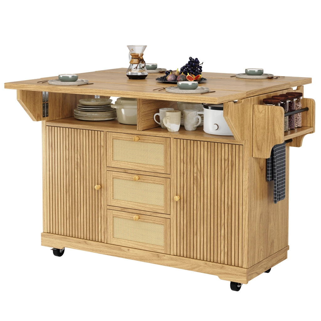 Carrello cucina pieghevole con altezza ergonomica 95 cm, struttura in MDF e metallo, colore legno naturale