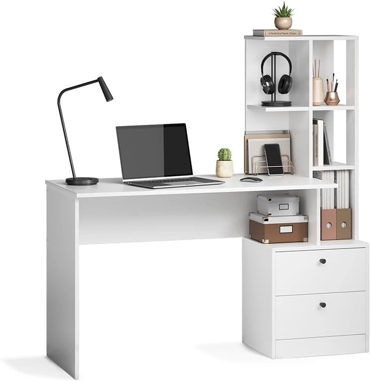 Scrivania Denton, Bianco, 136 x 55 cm, con vani aperti per l'organizzazione del materiale di lavoro