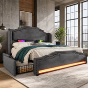 Letto 160x200 cm con 4 cassetti, LED, USB e USB-C in velluto grigio