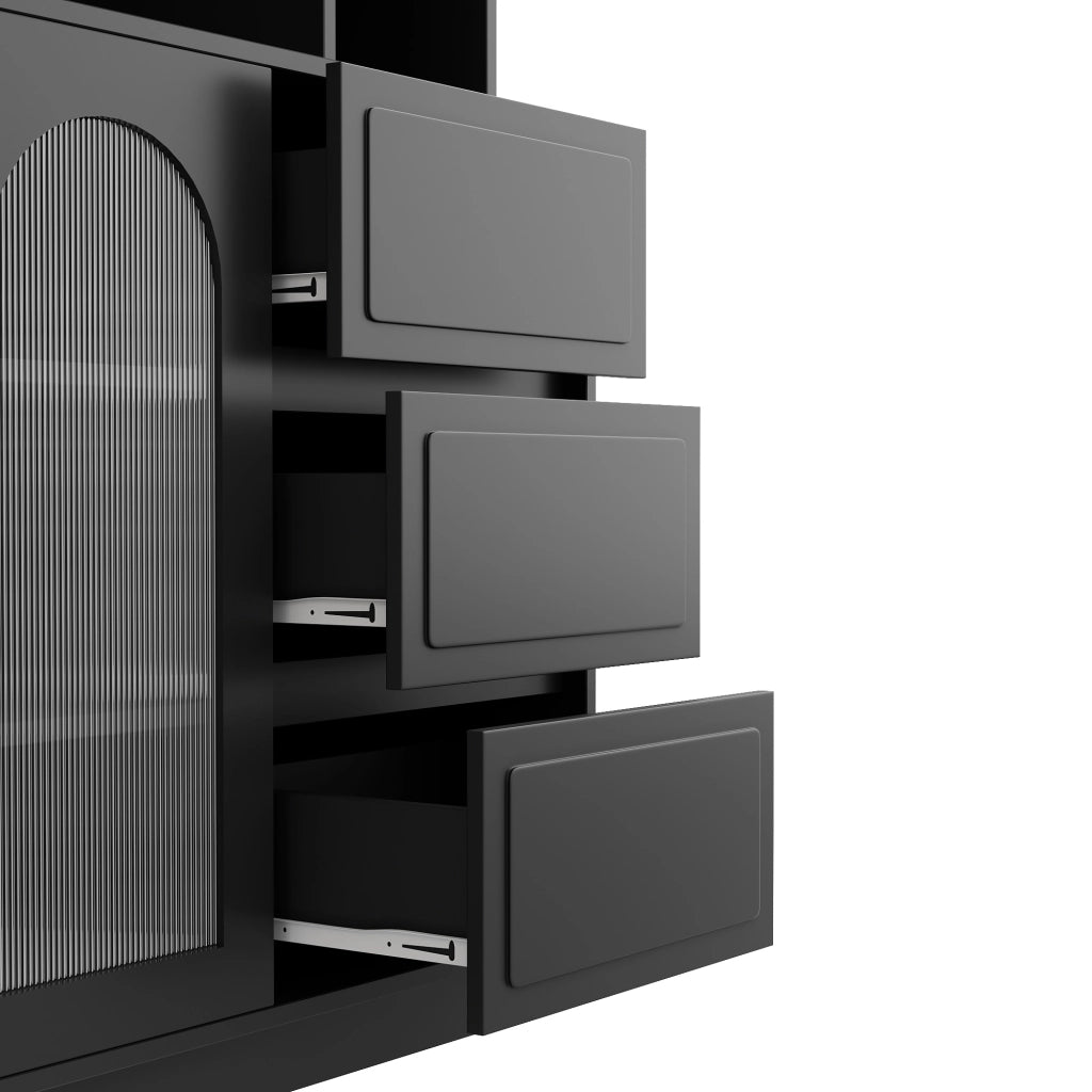 Credenza alta con ante ad arco in acrilico, LED APP e 3 cassetti, per cucina e soggiorno, nero 106 × 30 × 175 cm