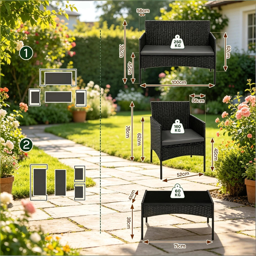 Mobili Da Giardino Per 4 Persone Nero Rattan Ferro Vetro Tavolo 71 Cm Salotto Esterno