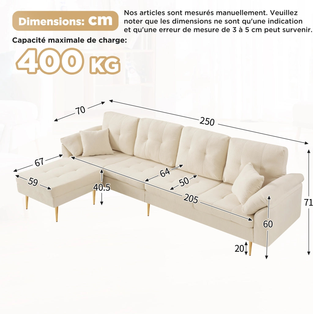 Divano 4 posti 250x70x87 cm con pouf separato configurabile a L; velluto a coste beige chiaro