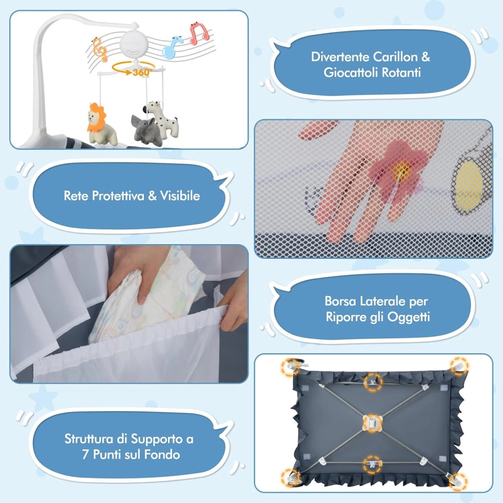 Lettino da Campeggio per Bambini, Culla Pieghevole con Fasciatoio Zanzariera, Box Neonati con Giocattoli, Ruote, per Bambini 0-36 Mesi (Grigio)