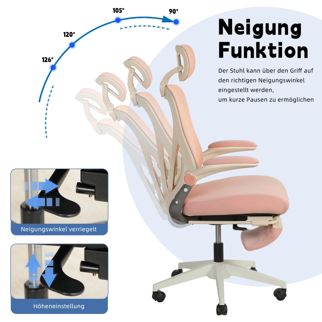 Sedia da ufficio ergonomica pieghevole con poggiatesta 3D e supporto lombare in mesh rosa 65 × 61 × 40.5 cm