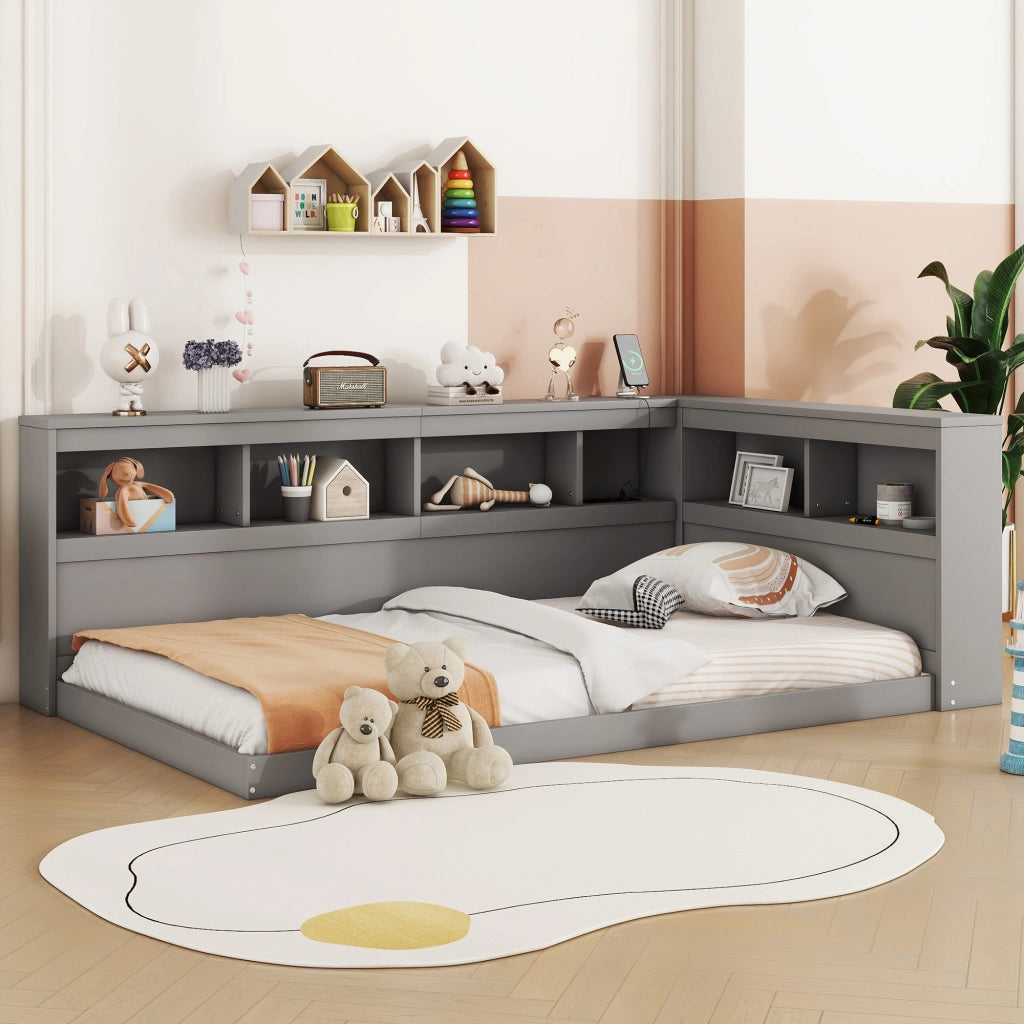 Letto salvaspazio singolo 90×200 cm con presa di corrente; 2 USB; ripiani e rete; senza materasso; grigio
