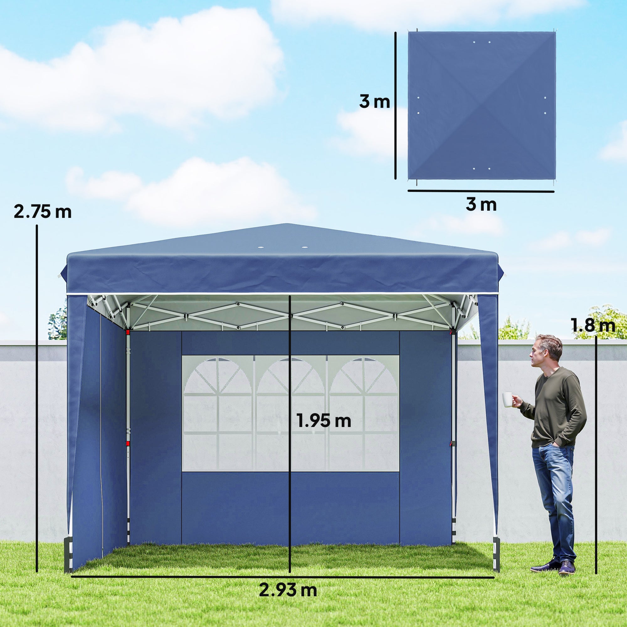 Gazebo Pieghevole 3x3 m con Pareti e Altezza Regolabile Protezione UV 50+ Blu Scuro