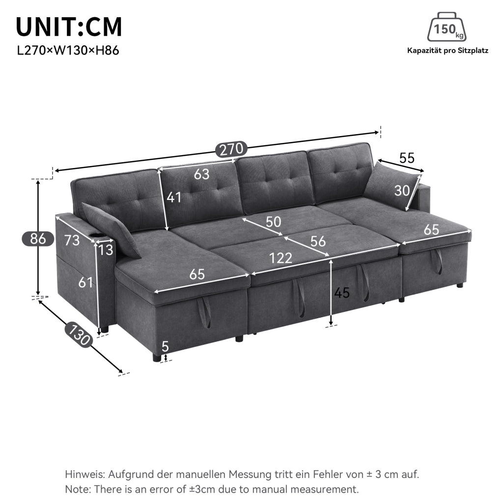 Divano letto angolare a U grigio 270 cm con contenitore