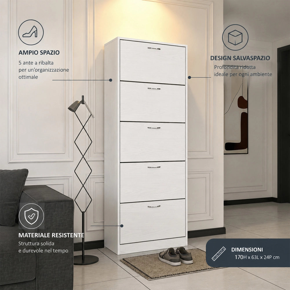 Scarpiera 5 Ripiani Bianca con Maniglia Porta Scarpe Salvaspazio 63x24x170 cm