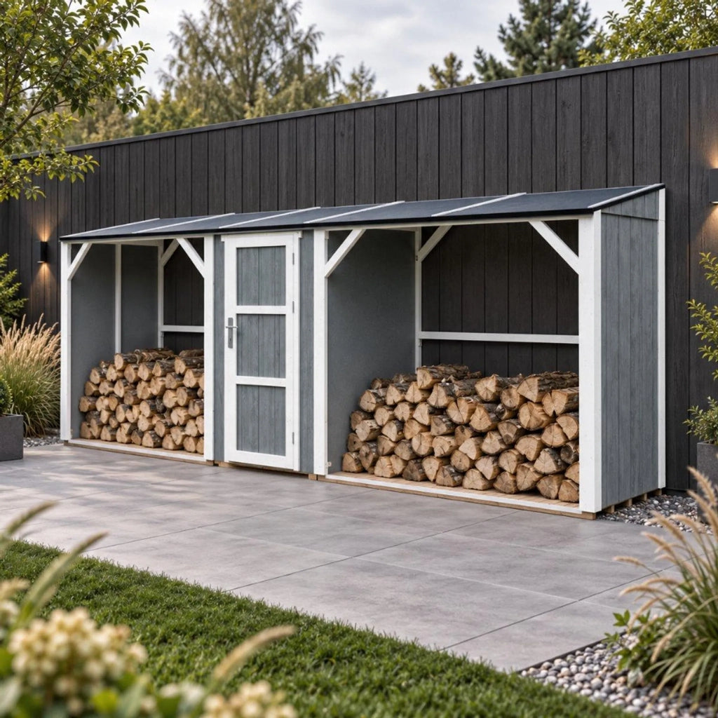TIMBELA M986-CAVERN STEEL Legnaia Doppia con Ripostiglio 6,49 m²