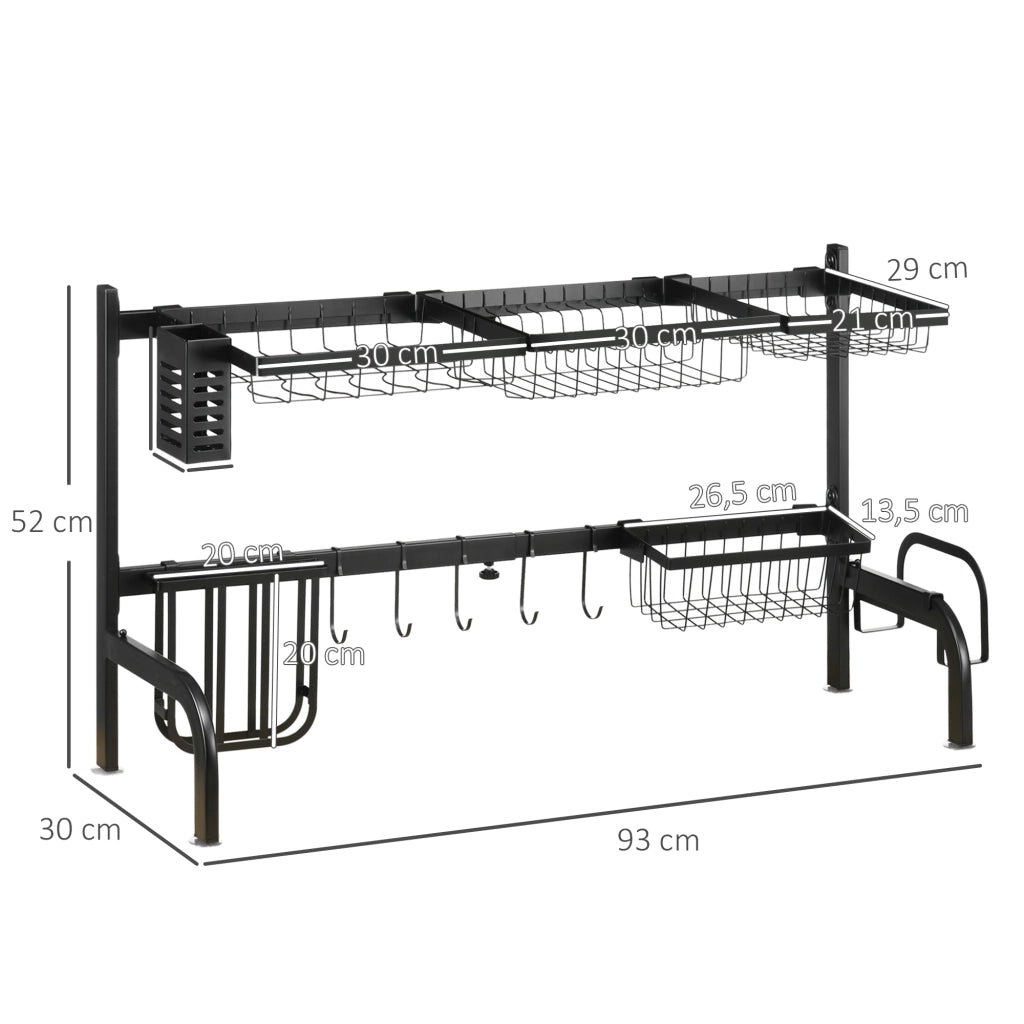 Scolapiatti a 2 livelli con ganci e vassoio di raccolta, in acciaio, nero, 51-93 cm, per cucina.