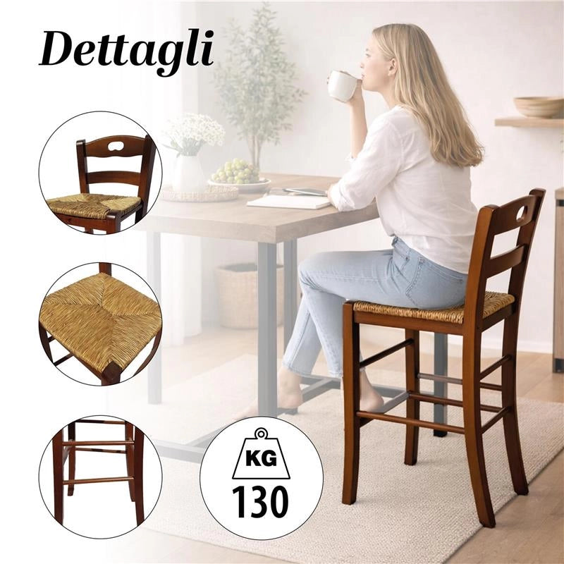 SET 2PZ SGABELLI SNACK CON SEDUTA IN PAGLIA COLORE NOCE 39X38X90CM STILE RUSTICO SCHIENALE ALTO