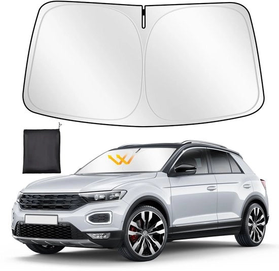 Zonnescherm auto per vetri anteriori personalizzato per VW T-ROC 2018-2024, schermo per vetri anteriori pieghevole, tessuto riflettente densificato blocca raggi UV e mantiene la vettura più fresca
