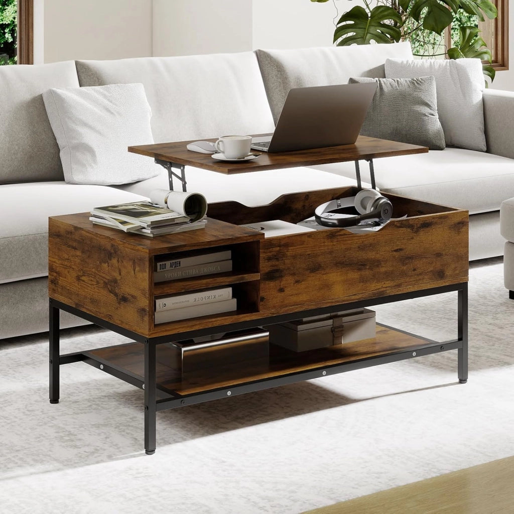 Tavolino da Caffè con Piano Sollevabile e Scomparto Nascosto, Tavolo da Salotto in Legno con Ripiano Portaoggetti, Ideale per Piccoli Spazi (Marrone)