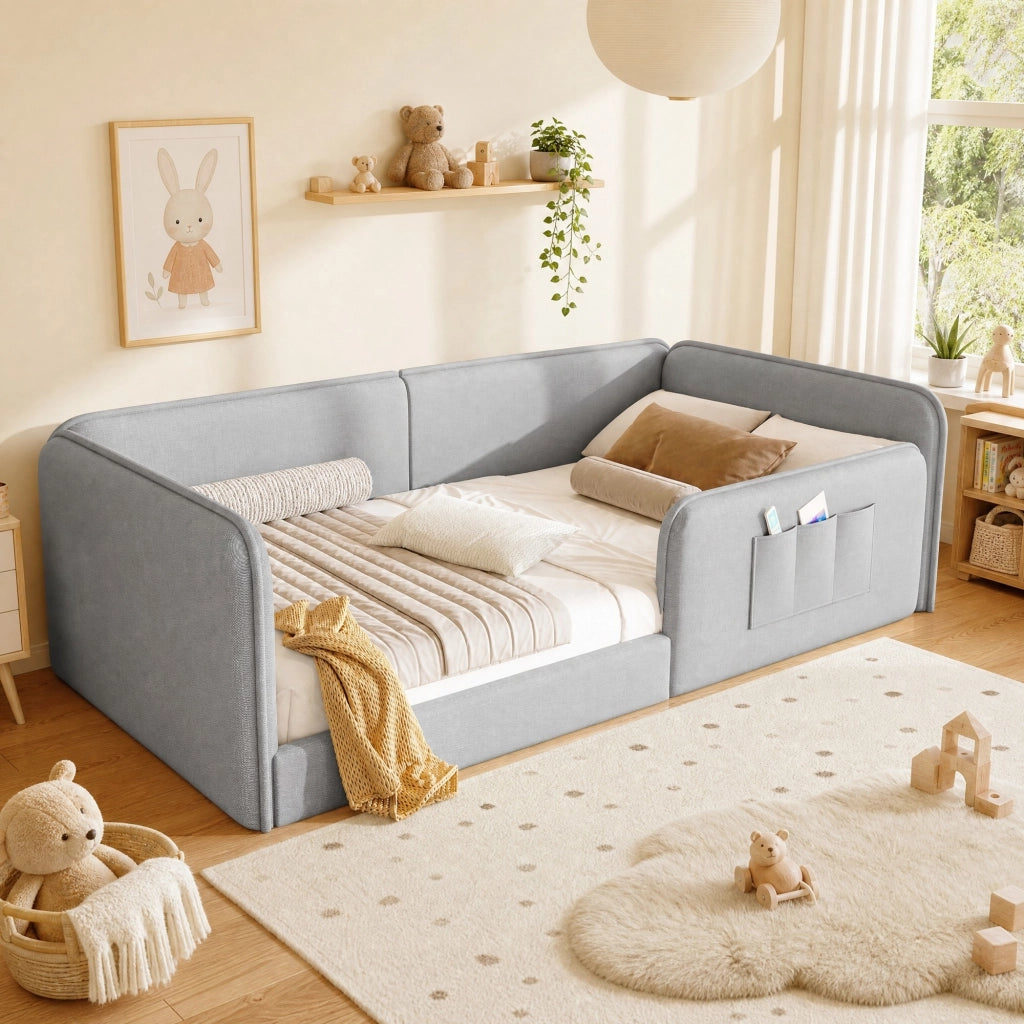 LETTO 90x200 cm in Lino Grigio con tasche laterali