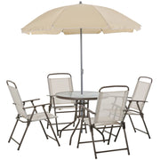 Easycomfort 6 pz Set Mobili da Giardino in Tubi d'Acciaio, Tavolo da Giardino con Sedie e Ombrellone, Crema