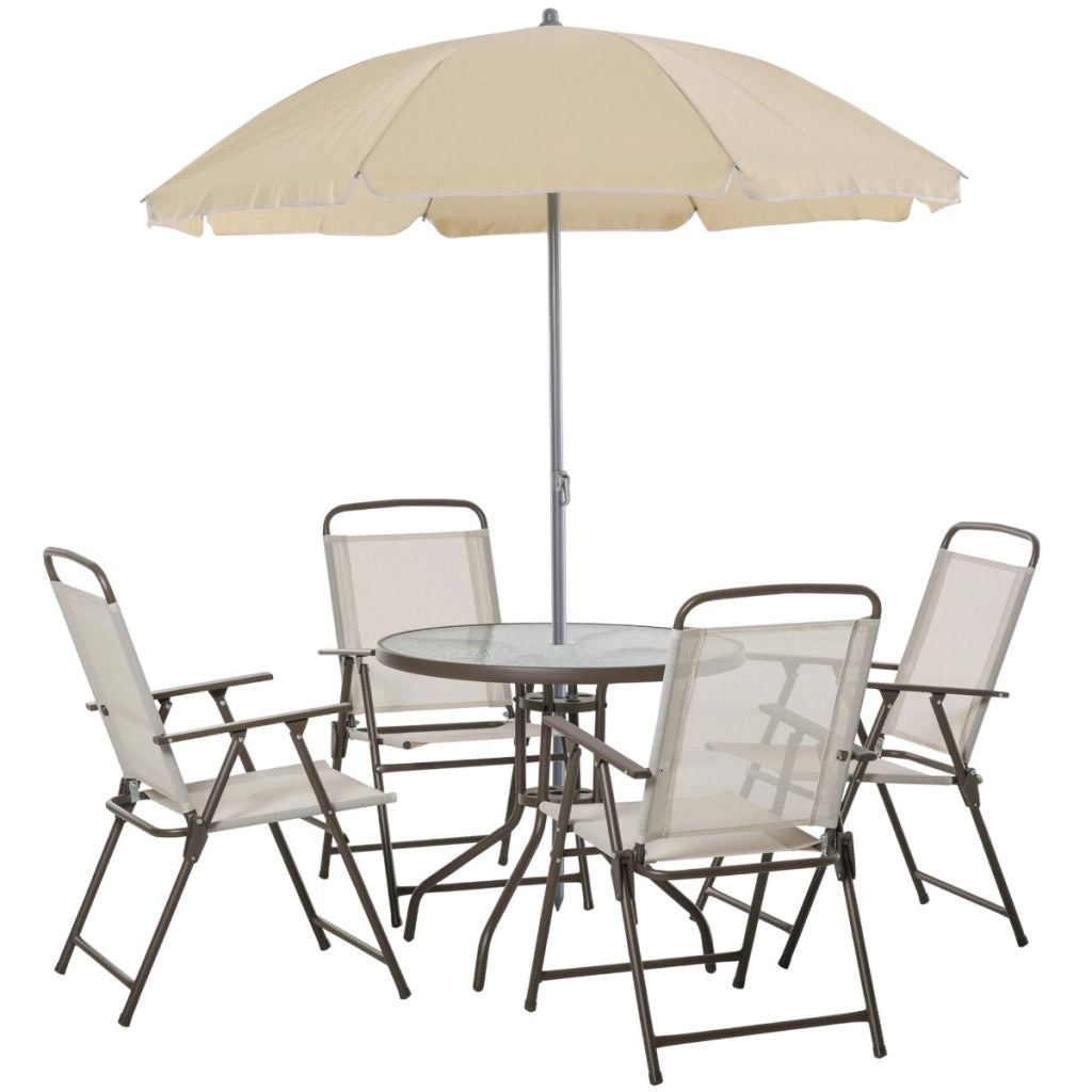 Easycomfort 6 pz Set Mobili da Giardino in Tubi d'Acciaio, Tavolo da Giardino con Sedie e Ombrellone, Crema