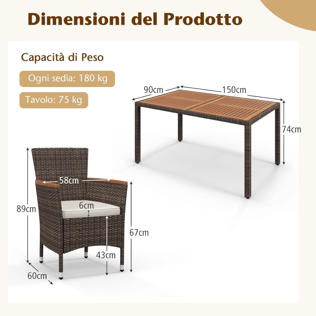 7 Pezzi Set di Mobili da Pranzo, Set Mobili da Giardino in Rattan PE con Piano in Legno di Acacia, 6 Sedie Impilabili e Cuscini Impermeabili, per Giardino Piscina e Cortile
