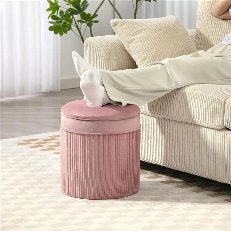 SET 2 POUF POGGIAPIEDI ROTONDI IMPILABILI E IMBOTTITI CON RIVESTIMENTO IN VELLUTO, CONTENITORE DA 34.8L, ROSA