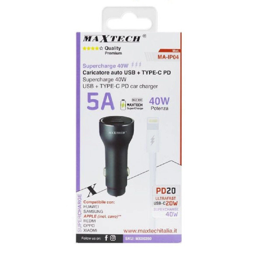 Trade Shop - Kit Caricabatterie Auto Usb/type-c Superchange Cavo Lightning Usb-c 1 Mt Ma-ip04 -