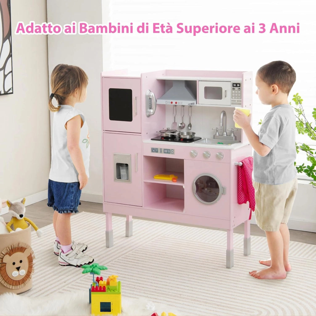 Cucina Giocattolo per Bambini, Cucina Legno per Bambini con Macchina del Ghiaccio, Telefono, Lavatrice, Microonde, Altezza Regolabile, Funzione Luci e Suoni, per Bambini 3+ Anni