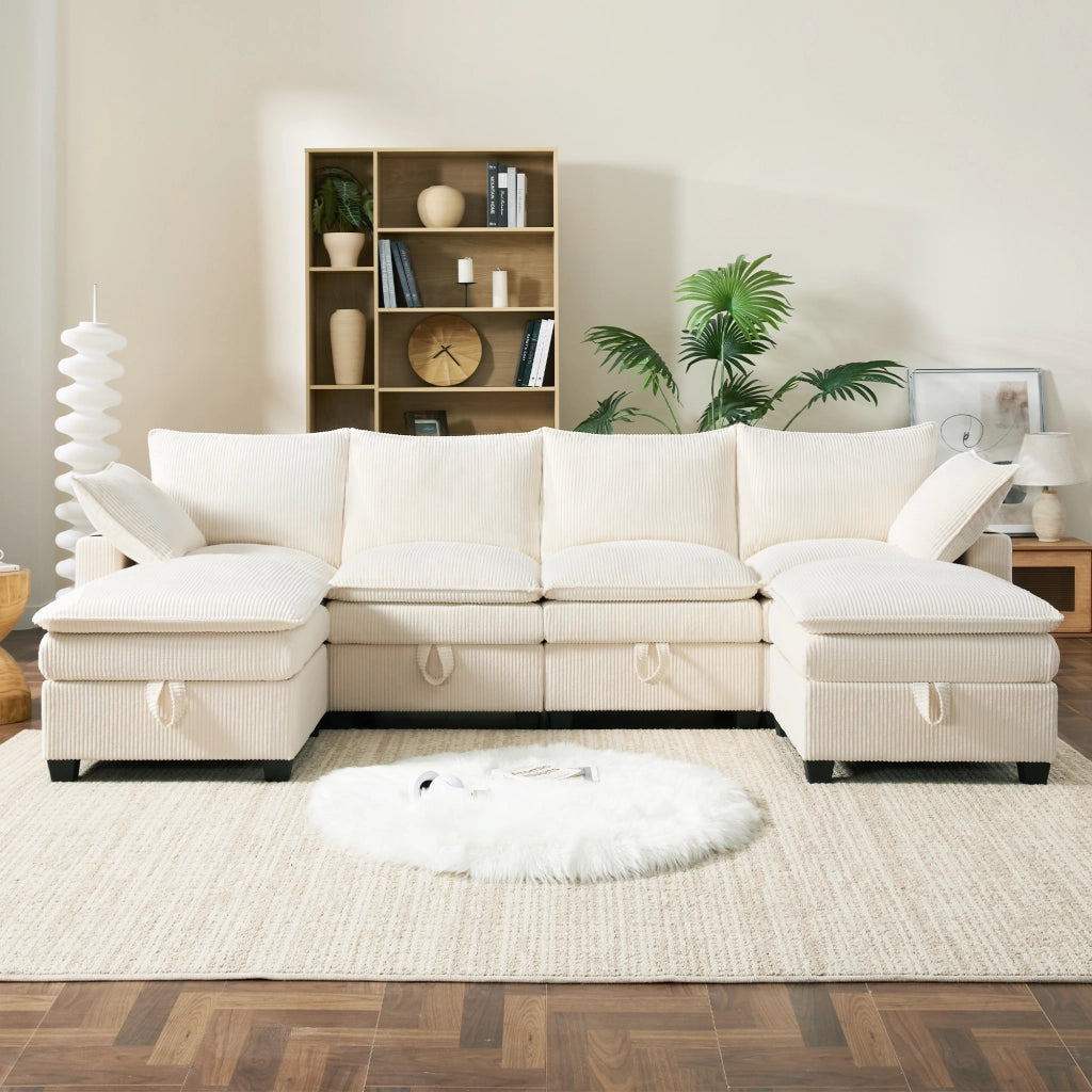 Divano modulare angolare 5-6 posti - con USB e contenitore - in corduroy beige