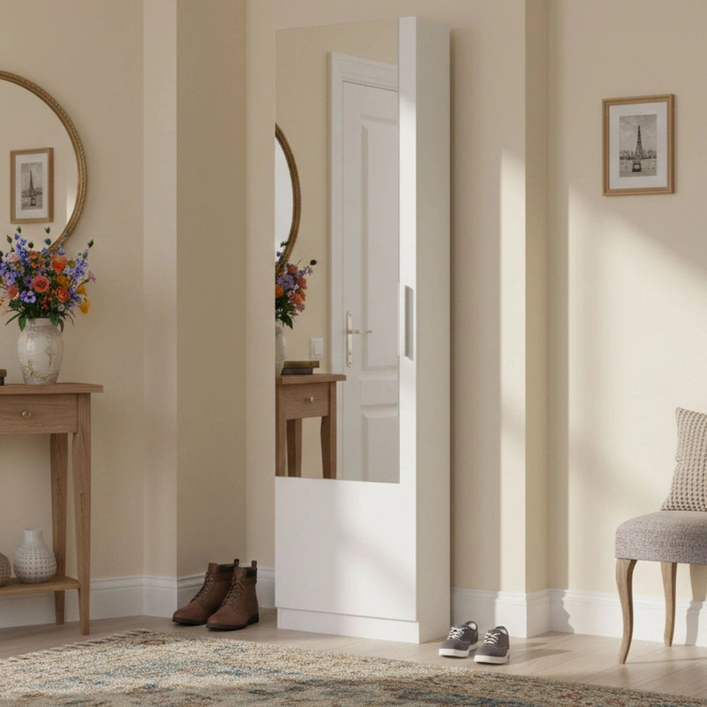 Scarpiera Euro, Armadio portascarpe alta a 1 anta, Mobile portascarpe moderno, Armadio da ingresso con specchio, cm 50x22h180, Bianco