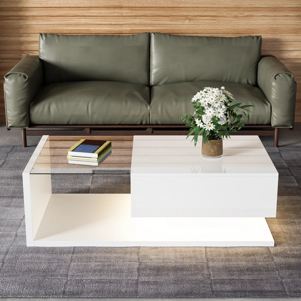 TAVOLINO DA SALOTTO 105x55x32,5 cm Bianco lucido in pannello di legno con LED