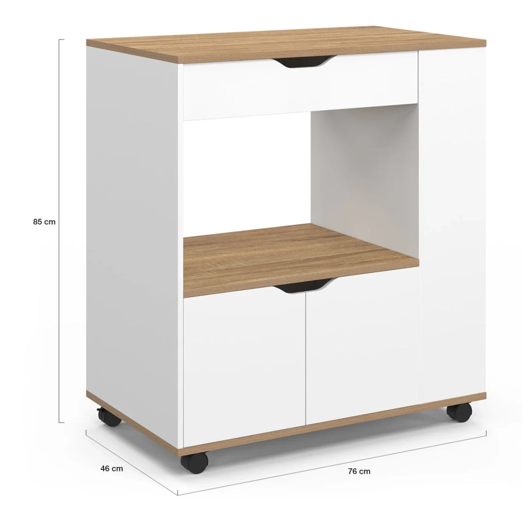 IDMarket - Credenza COSI per microonde con cassetto e ripiani per spezie in legno bianco e vassoi in faggio L.76 cm