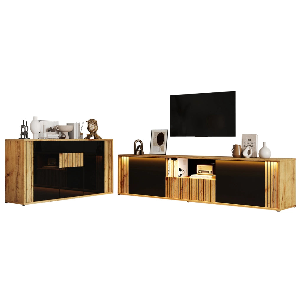 Set mobile TV 180 × 40 × 51 cm e credenza 140 × 35 × 71 cm con LED Bluetooth; nero e naturale
