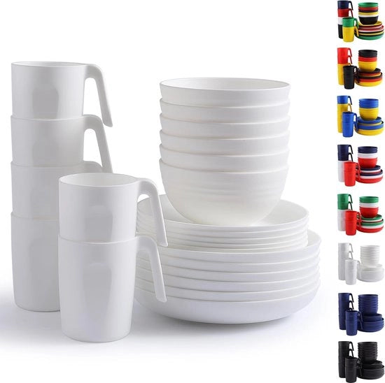 Set di tavola in plastica 24pz per 6 - set di piatti e tazze riciclabili - set di piatti a portata inclusi piatti da pranzo, piatti da dessert, tazze per cereali, bicchieri per casa, giardino, picnic, campeggio
